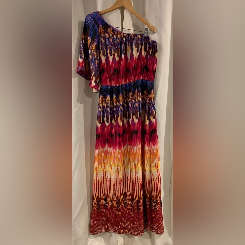 Bisou Bisou One Shoulder Print Maxi Dress Size 10 Vacation Tie Dye Flowy Wedding